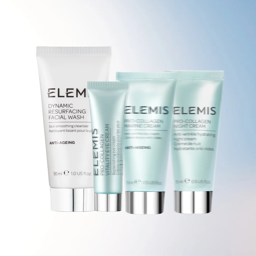 滿HK$1,500再加送<br> 骨膠原精選套裝 (價值HK$1,305)*<br><br><br> 套裝包含: <br> 骨膠原海洋面霜15ml <br> 骨膠原晚霜15ml <br> 骨膠原再生緊緻眼霜4ml<br> 煥膚亮肌潔面乳30ml<br><br><br> <br> *優惠只適用於ELEMIS香港官網。<br>數量有限,送完即止,受條款及細則約束。<br>部分商品不適用。